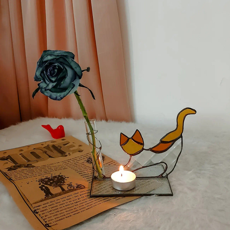 گلجای شیشهای رومیزی دستساز طرح گربه با لوله مخصوص تکشاخه گل و جای شمع وارمر
